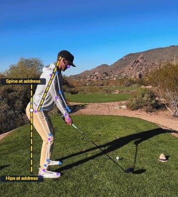 The example golfer at address, filmed down the line.