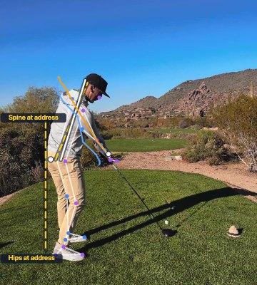 Golf swing · down the line, Impact: the tracked skeleton over the video