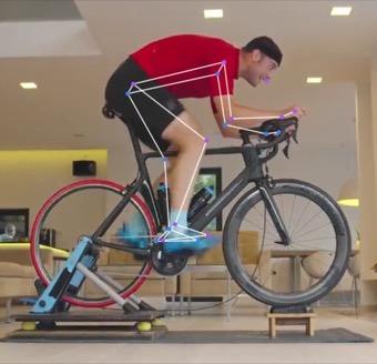 Indoor bike · side-on, 3 o'clock: the tracked skeleton over the video
