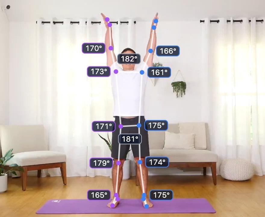 The same person with both arms raised overhead, with the tracked skeleton and joint angles drawn over the video.