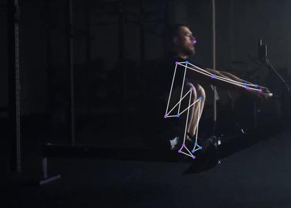 Indoor rowing · side-on, Catch: the tracked skeleton over the video