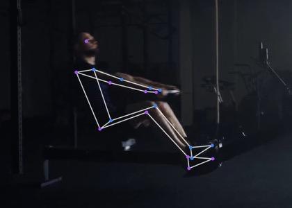 Indoor rowing · side-on, Drive: the tracked skeleton over the video
