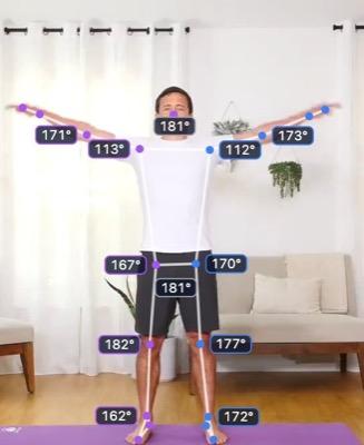 Shoulder abduction, rising: the tracked skeleton and joint angles over the video