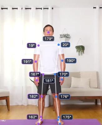 Shoulder abduction, start: the tracked skeleton and joint angles over the video