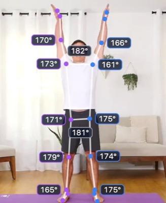 Shoulder abduction, top: the tracked skeleton and joint angles over the video